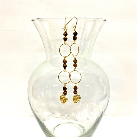 HANDMADE Shoulder Duster Statement Tiger’s Eye Bead Earrings - Picture 6 of 10